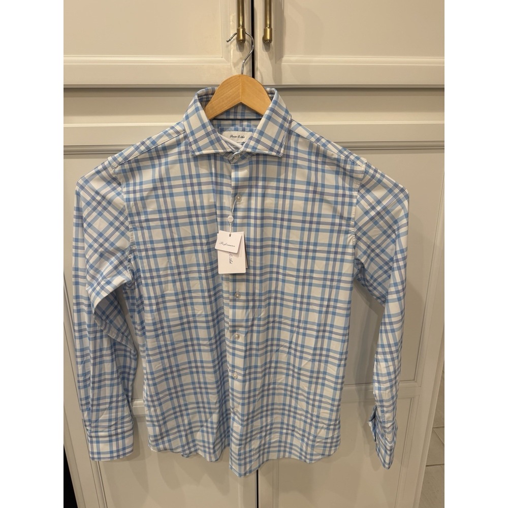 Porter & Ash Mens Size M White Blue Plaid Kinetic Stretch Button Down Shirt NWT